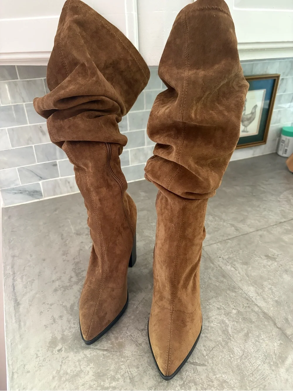 So Me Brown Slouchy Over-the-Knee Suede Pointed-Toe Heeled Boots